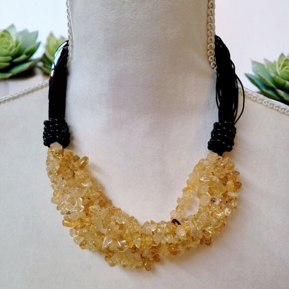 Citrine Chip Multi-Strand Necklace Black Cords Button Closure Semiprecious VGC - Picture 1 of 5